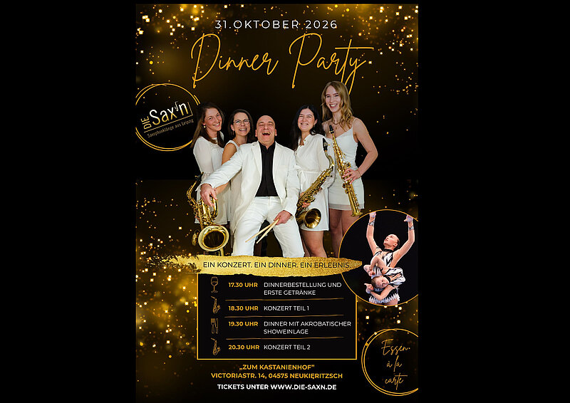 Eine Einladung zur Dinner Party am 31. Oktober 2026. Im Vordergrund stehen mehrere Personen in eleganter Kleidung, die Saxophone halten. Der Hintergrund ist mit goldenen Lichtern und Sternen dekoriert. Es gibt Informationen zu Zeit und Programmablauf der Veranstaltung.