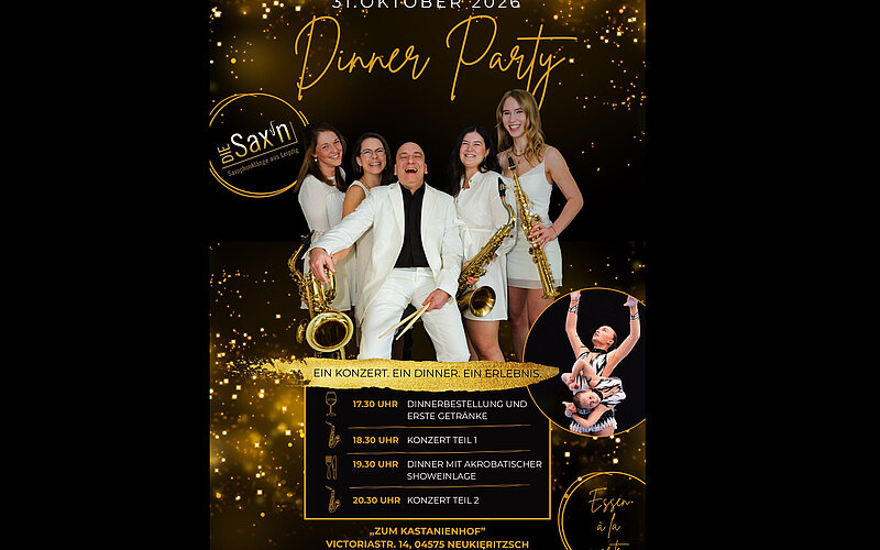 Eine Einladung zur Dinner Party am 31. Oktober 2026. Im Vordergrund stehen mehrere Personen in eleganter Kleidung, die Saxophone halten. Der Hintergrund ist mit goldenen Lichtern und Sternen dekoriert. Es gibt Informationen zu Zeit und Programmablauf der Veranstaltung.